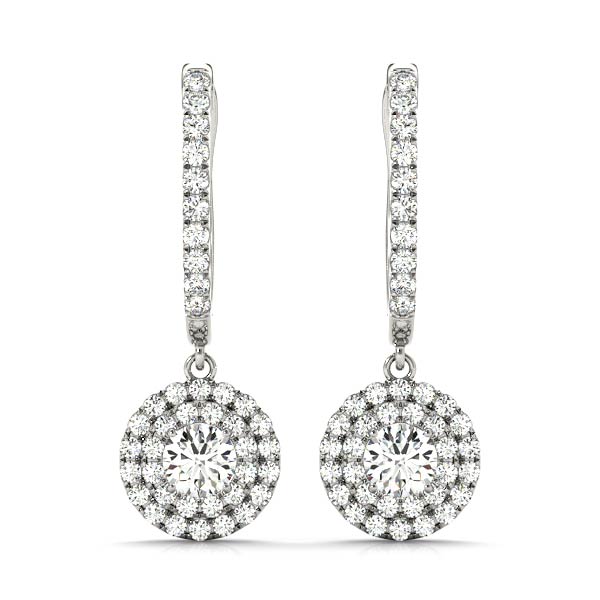 Round Double Halo Drop Earrings