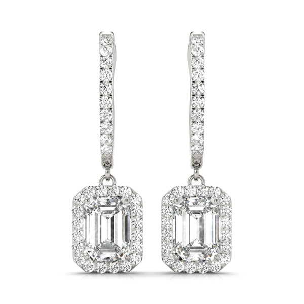 Emerald Cut Halo Drop Earrings