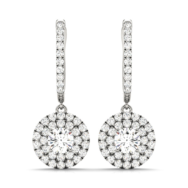 Round Double Halo Drop Earrings