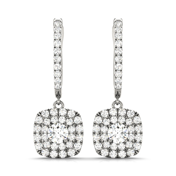 Cushion Shaped Double Halo Drop Earrings