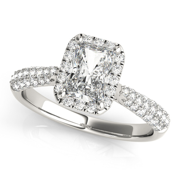 Multirow Pavé Halo Emerald Shape Engagement Ring