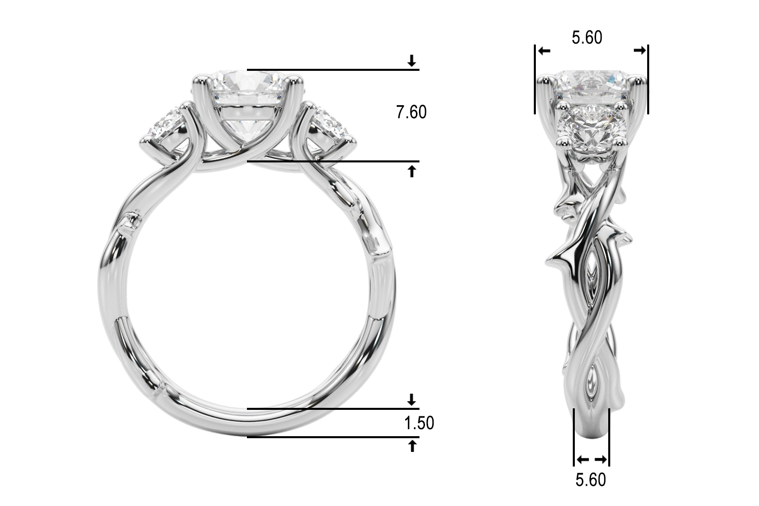The Esme Three-Stone Engagement Ring, upright view