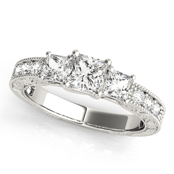 3-Stone Single Row Milgrain Princess Engagement Ting