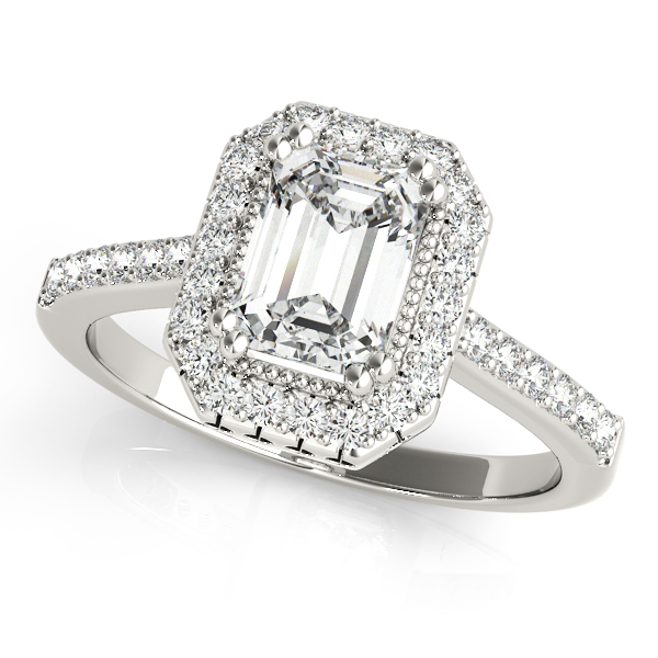 Single Row Prong Halo Emerald-Cut Engagement Ring