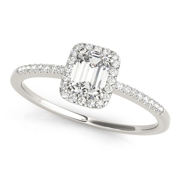 Single Row Halo Emerald Cut Engagement Ring