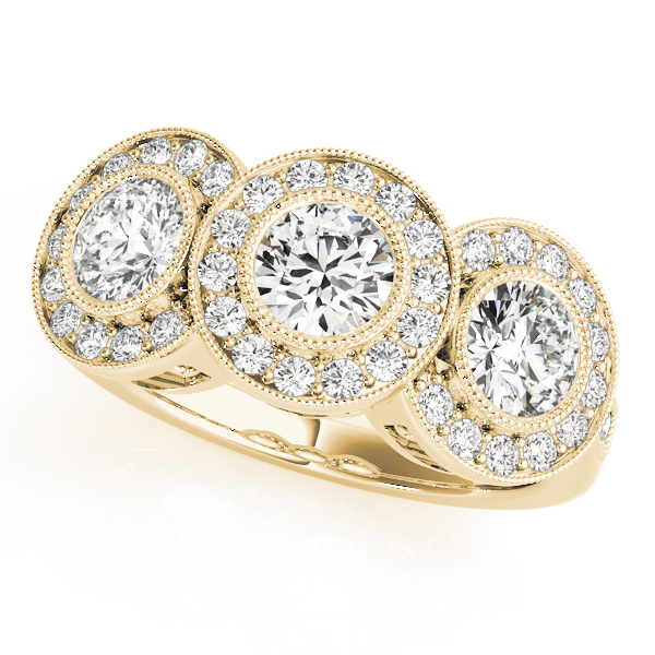 3-Stone Bezel Set Milgrain Halo Engagement Ring