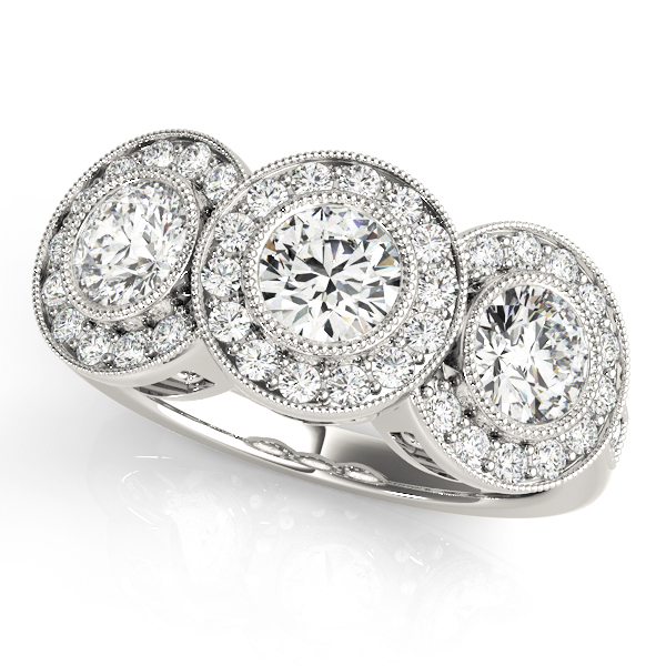 3-Stone Bezel Set Milgrain Halo Engagement Ring