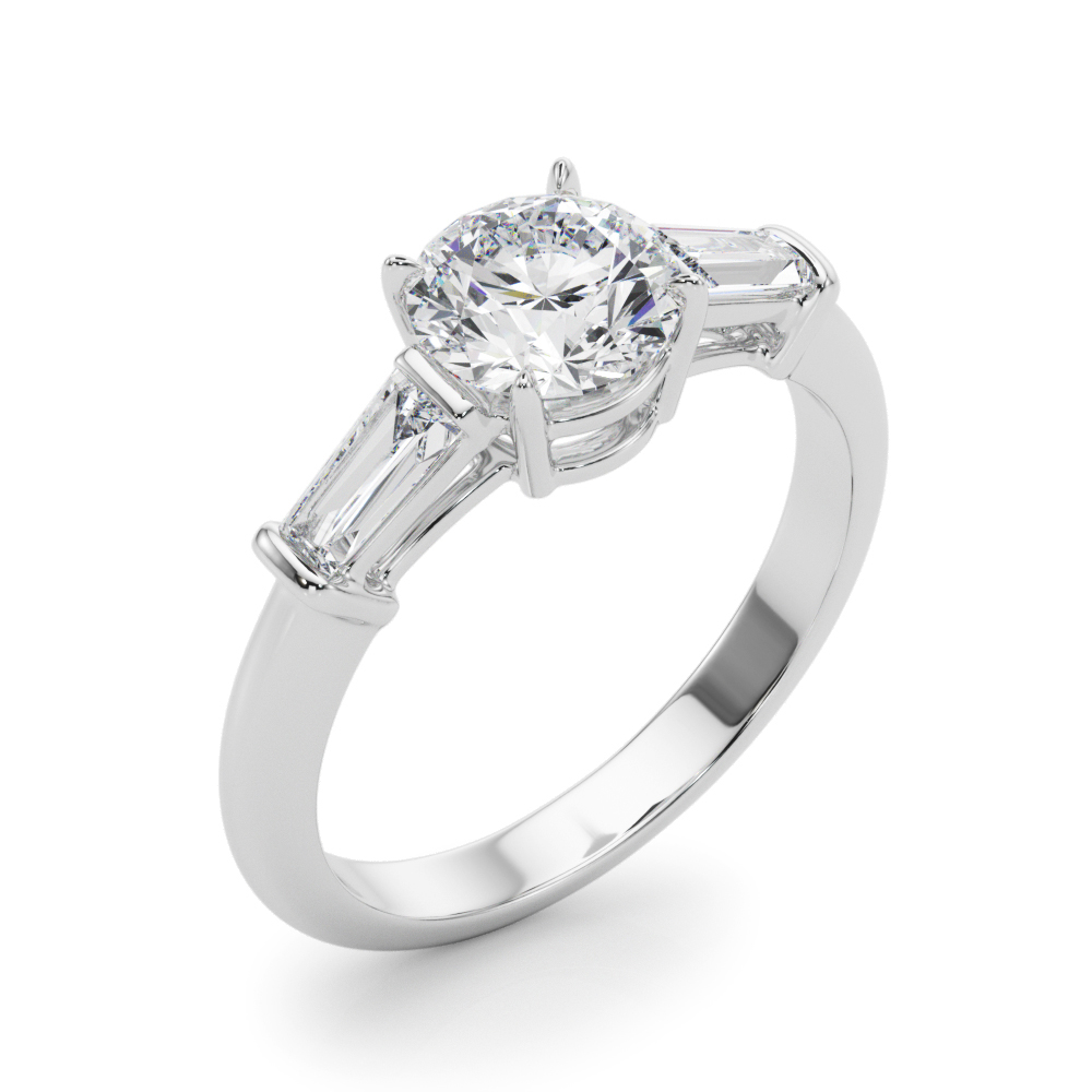 The Mary Three-Stone Engagement Ring, angled view