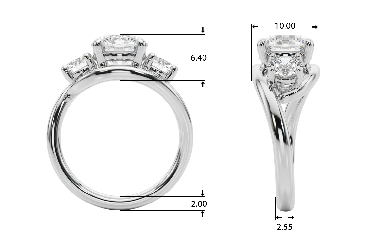 The Mia Three-Stone Engagement Ring, upright view